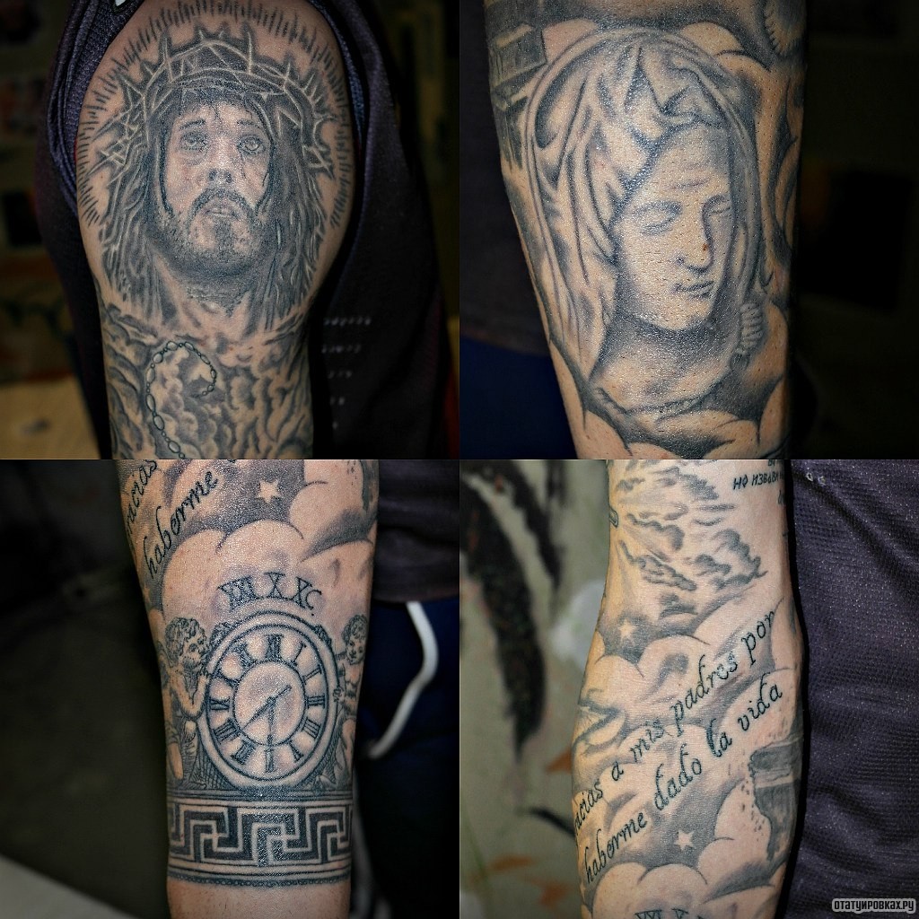 Фотография татуировки под названием «Монашка, иисус, часы, надписи»