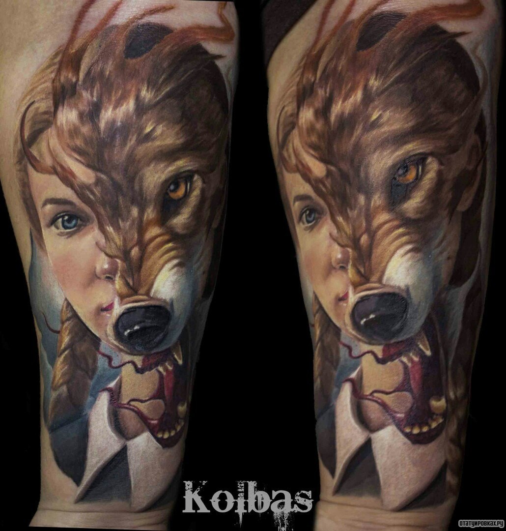 Фотография татуировки под названием «Девочка с маской волка»