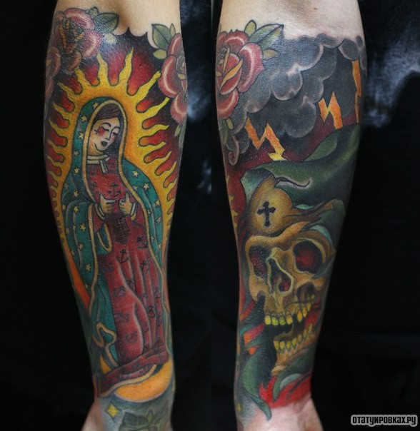 Фотография татуировки под названием «Череп, Божья матерь»