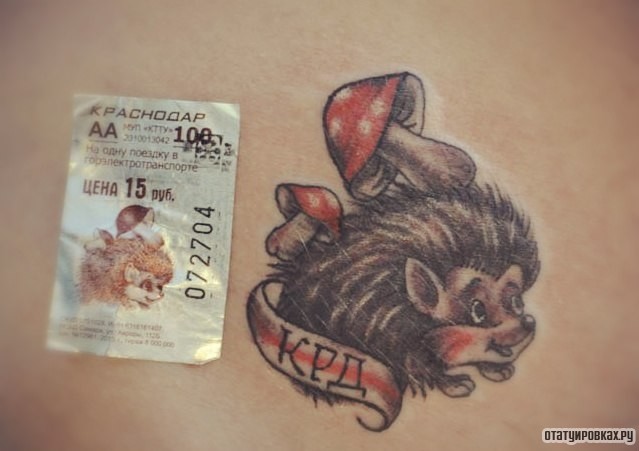Фотография татуировки под названием «Ежик с грибами»