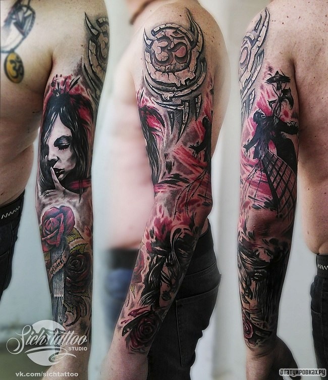 Фотография татуировки под названием «Девушка с розой на рукаве»