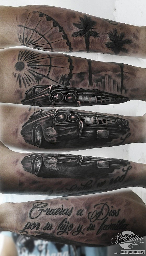 Фотография татуировки под названием «Автомобиль и чертово колесо»