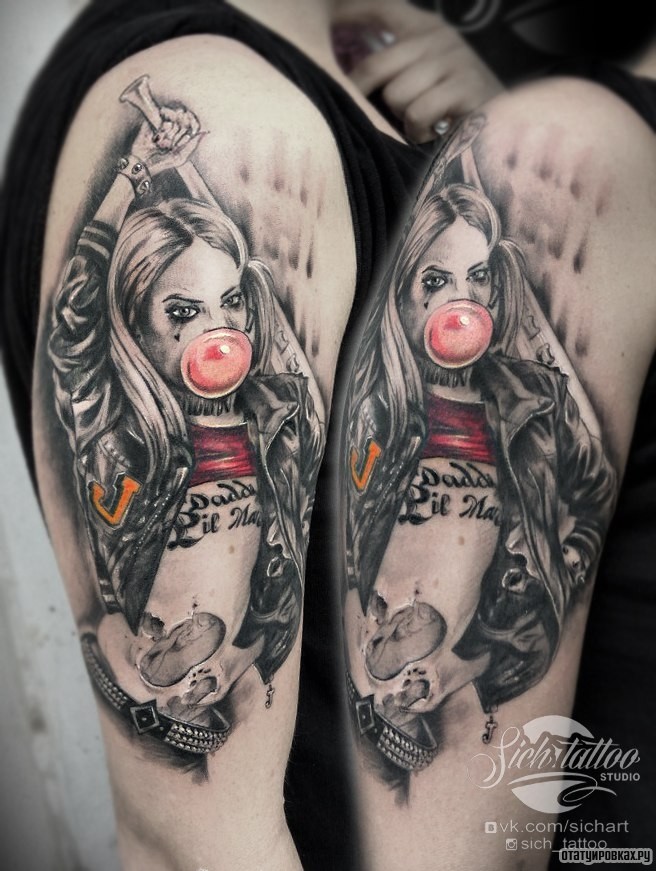 Фотография татуировки под названием «Девушка надувает пузырь чикано»