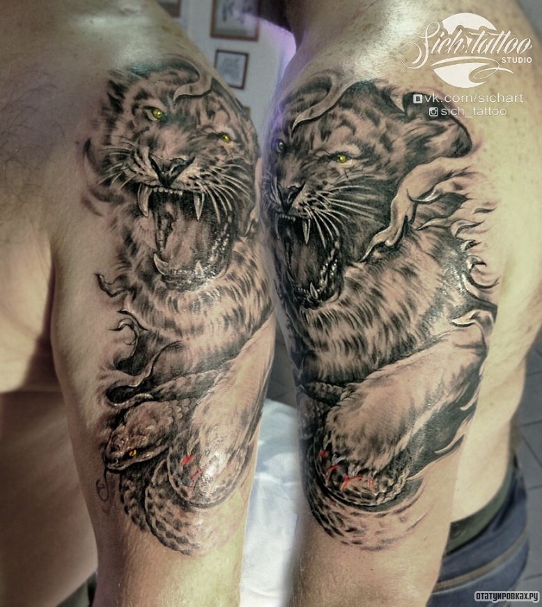 Фотография татуировки под названием «Тигр и змея»