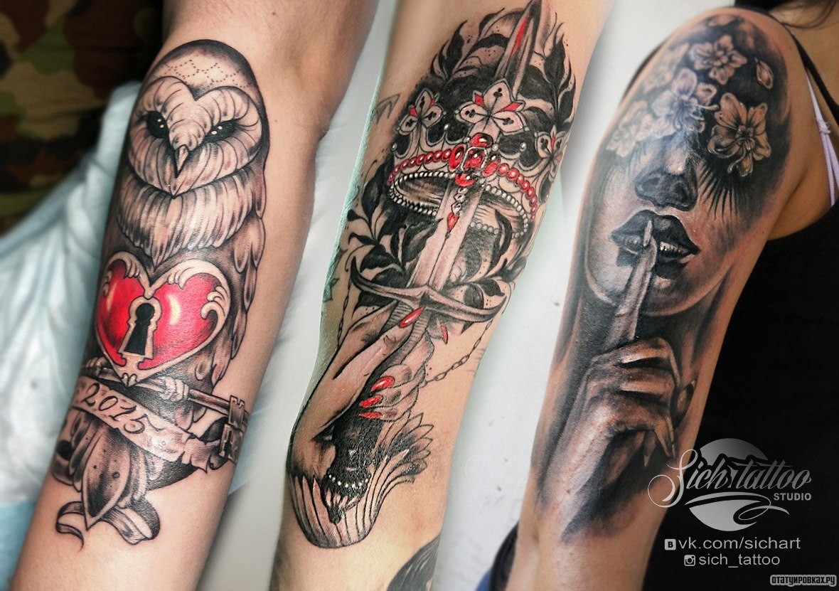 Фотография татуировки под названием «Кинжал с короной, сова с сердцем, девушка»