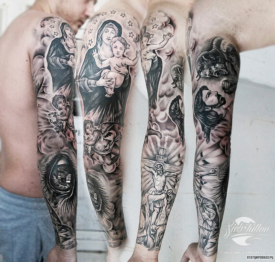 Фотография татуировки под названием «Божья матерь и ангелочки»