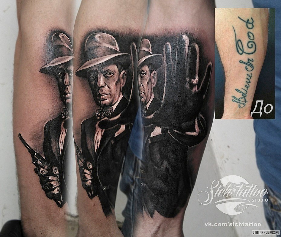 Фотография татуировки под названием «Человек в шляпе с пистолетом»