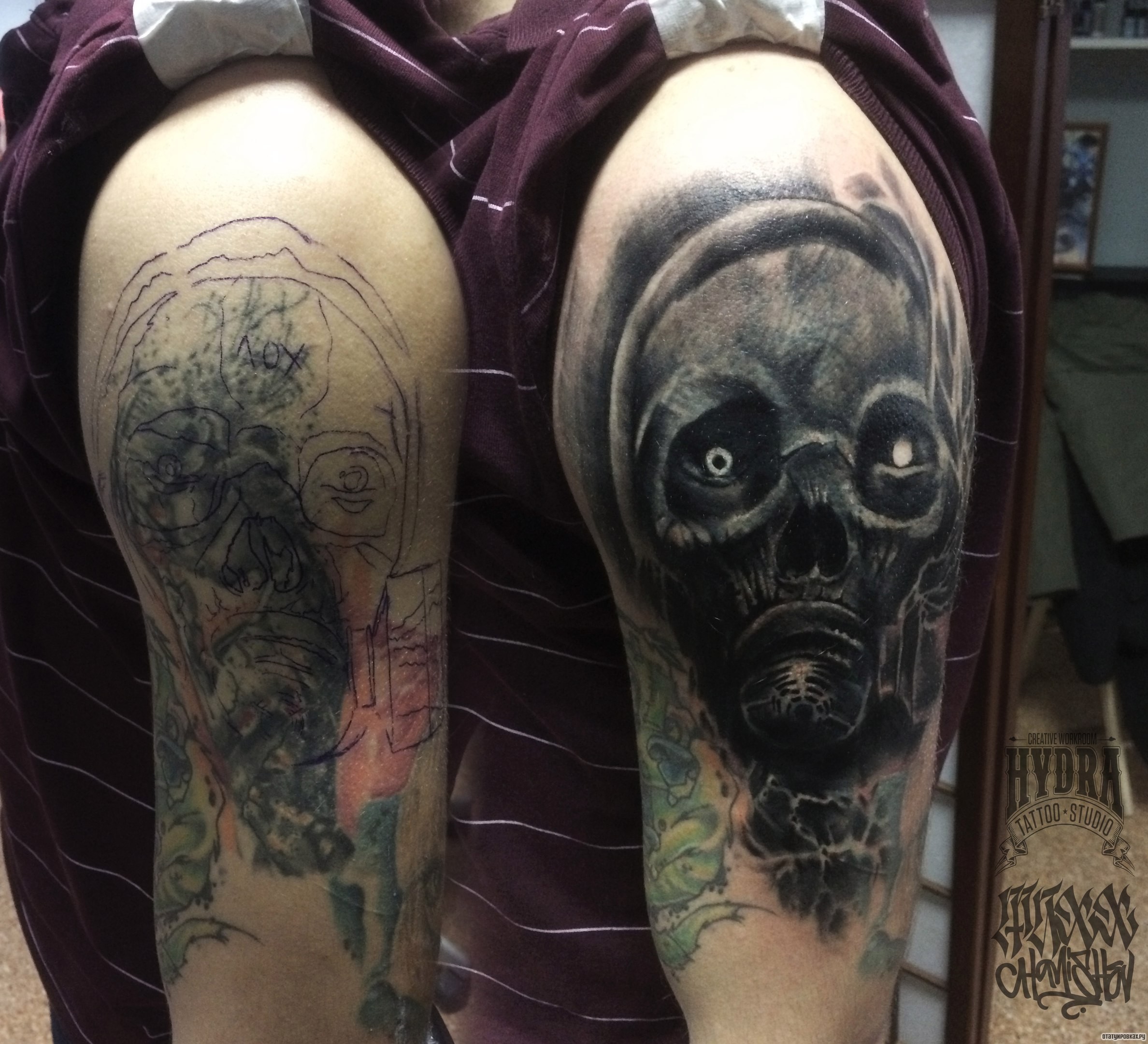 Фотография татуировки под названием «Скелет в противогазе»