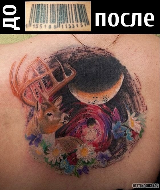 Фотография татуировки под названием «Олень на фоне планет с цветами»