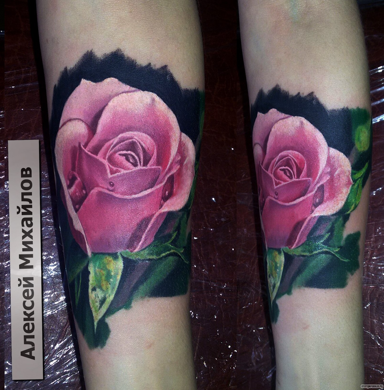 Фотография татуировки под названием «Розовая роза с листьями»