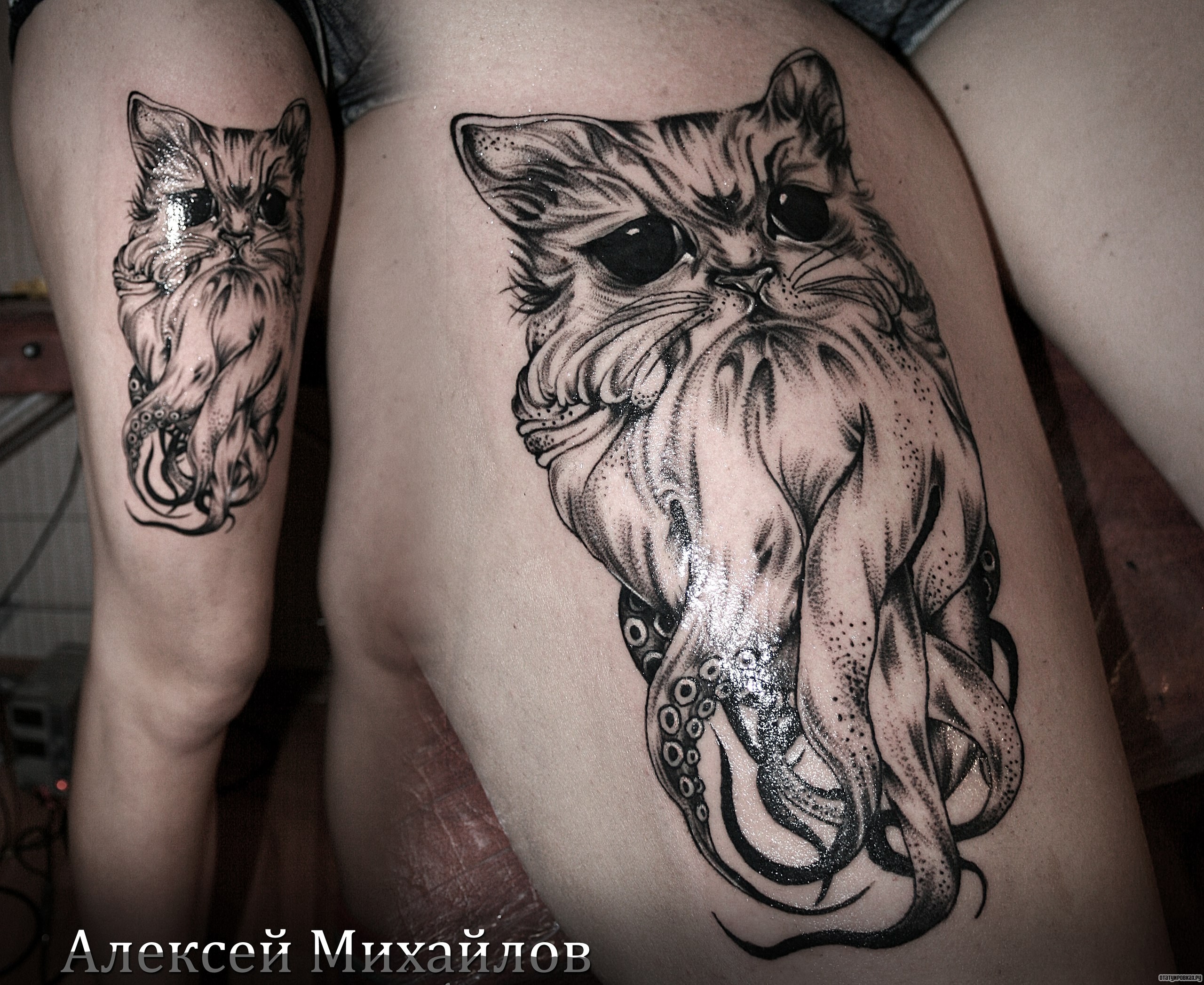 Фотография татуировки под названием «Кот с щупальцами осьминога»