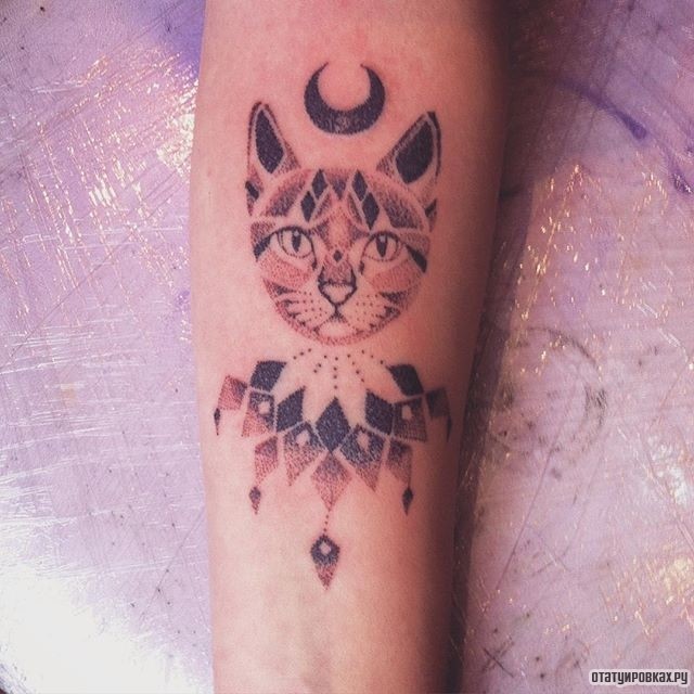 Фотография татуировки под названием «Кот дотворк с месяцем»