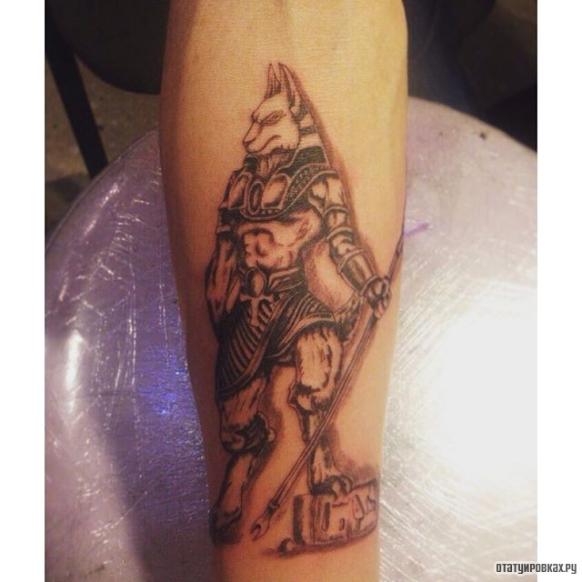Фотография татуировки под названием «Анубис с копьем»