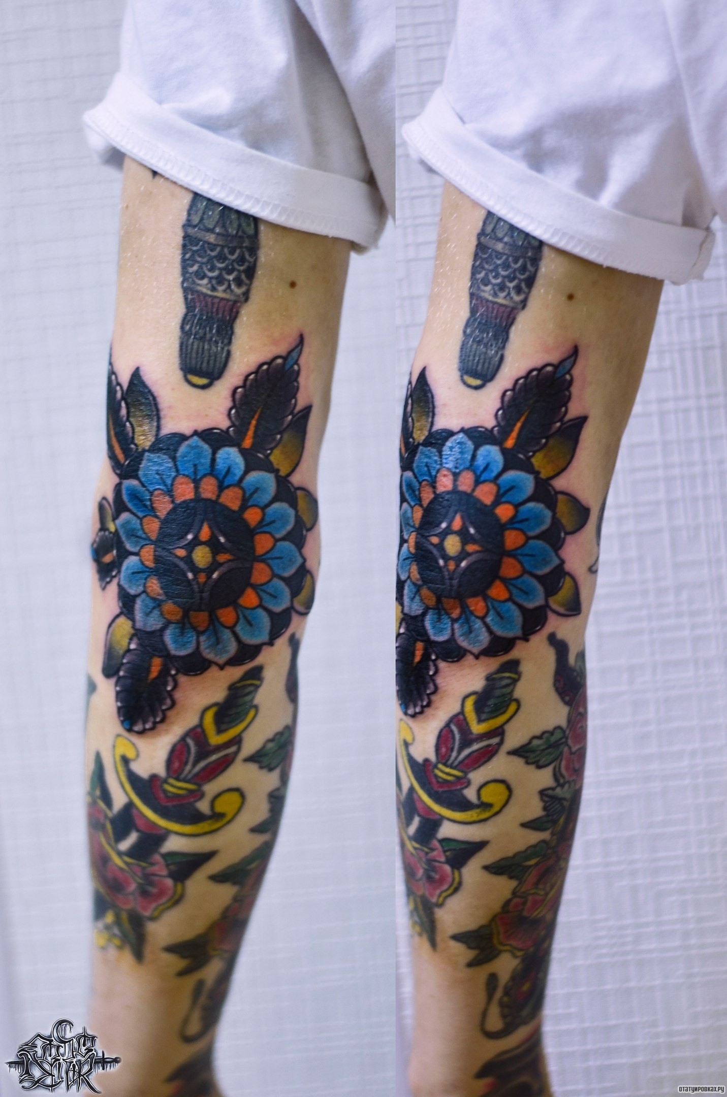 Фотография татуировки под названием «Мандала и кинжал»