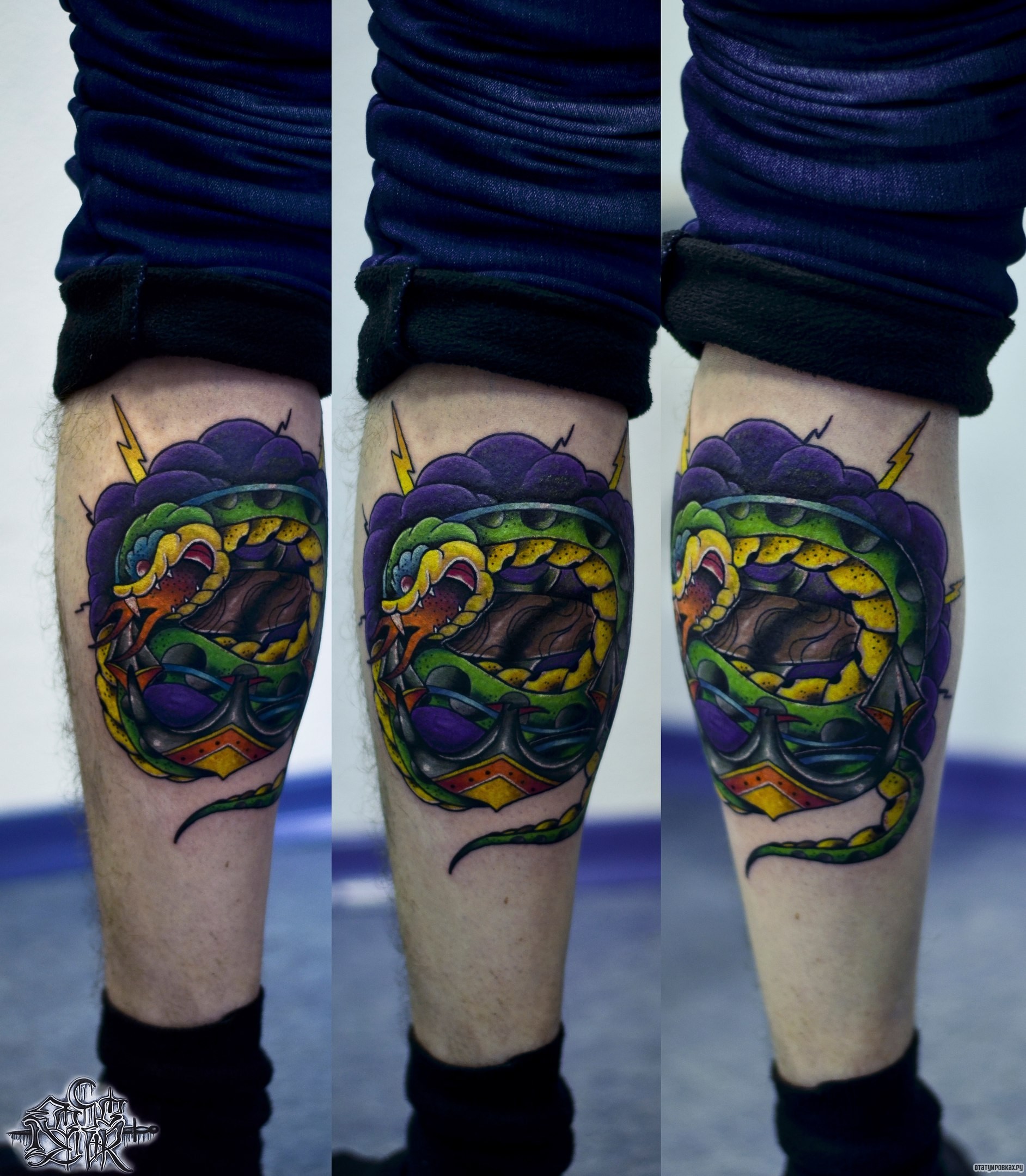 Фотография татуировки под названием «Змея в клубке и якорь»