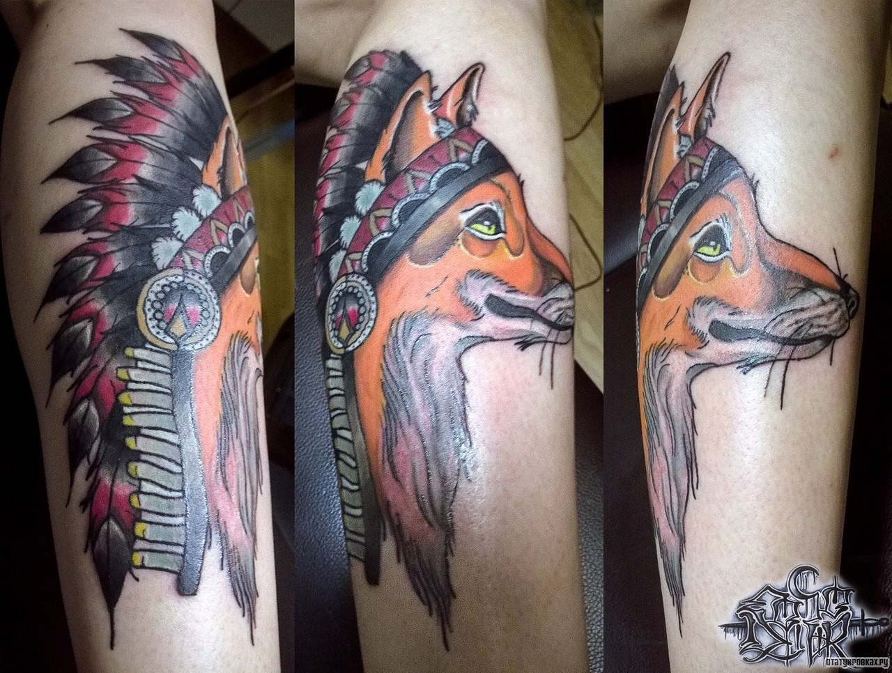 Фотография татуировки под названием «Лиса с перьями на голове»