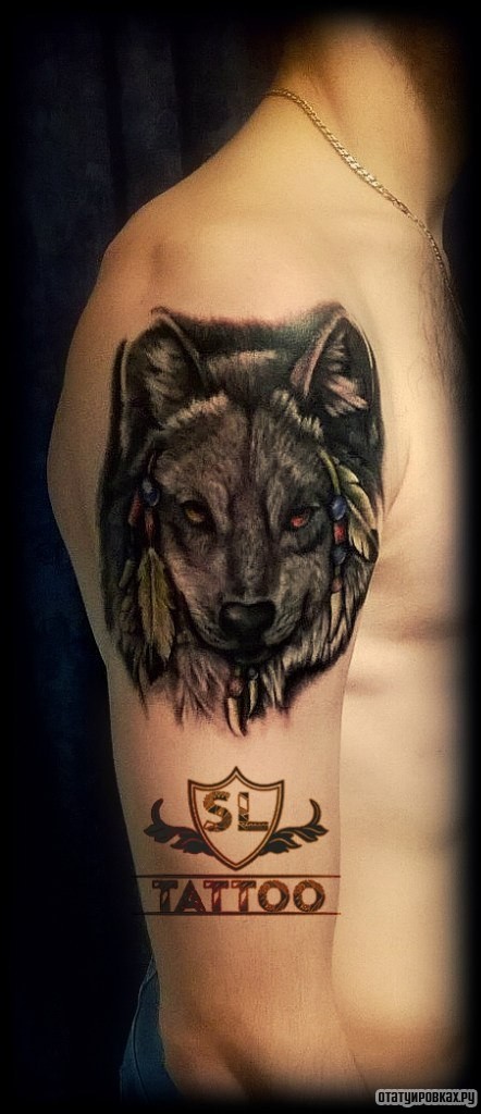 Фотография татуировки под названием «Волк с перьями»