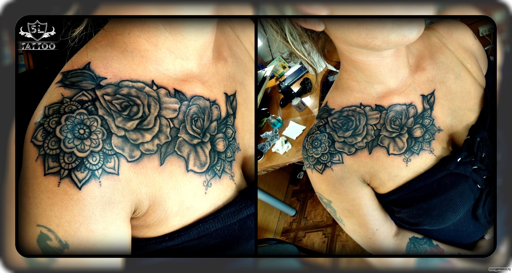 Фотография татуировки под названием «Розы, мандала»