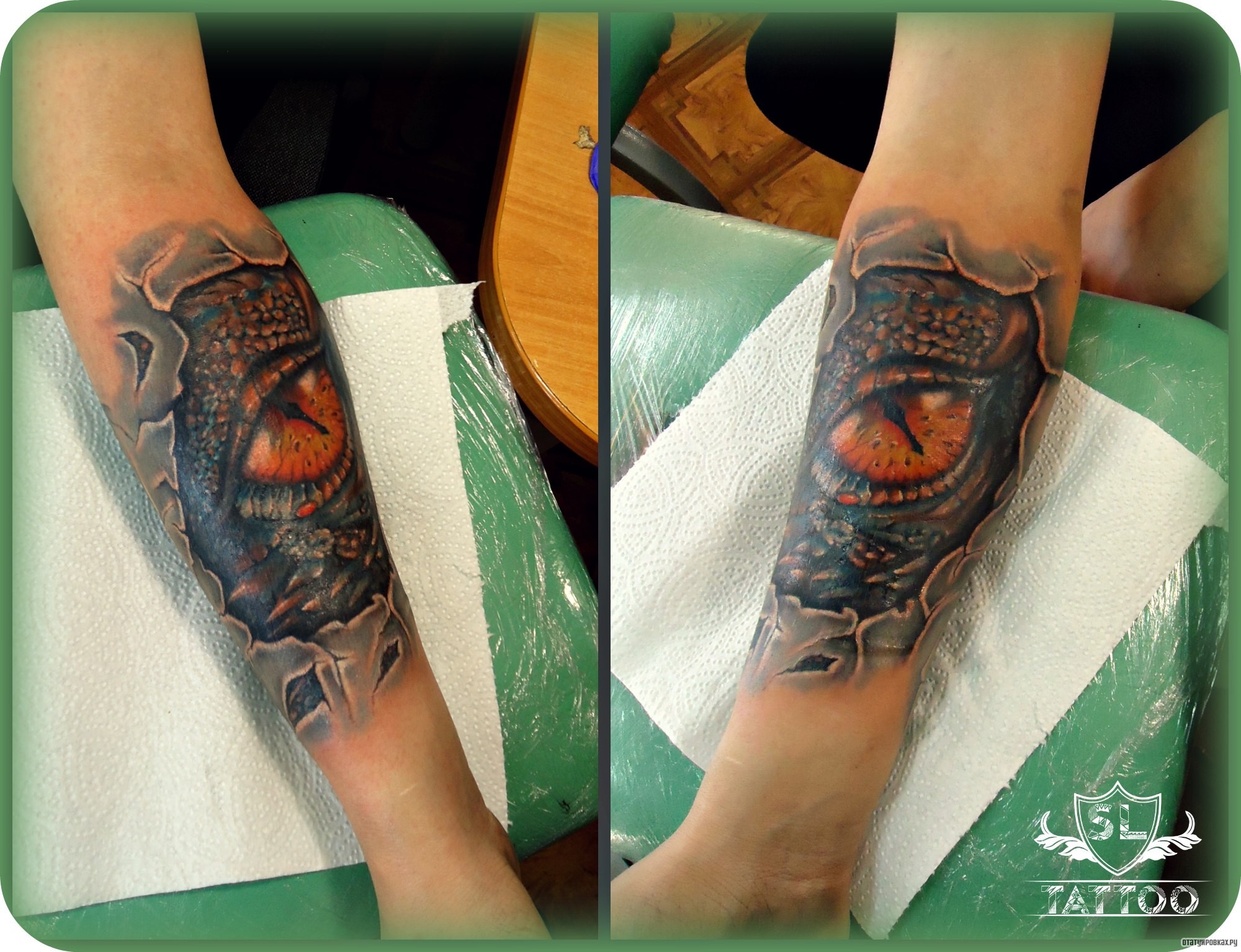 Фотография татуировки под названием «Глаз крокодила под кожей»
