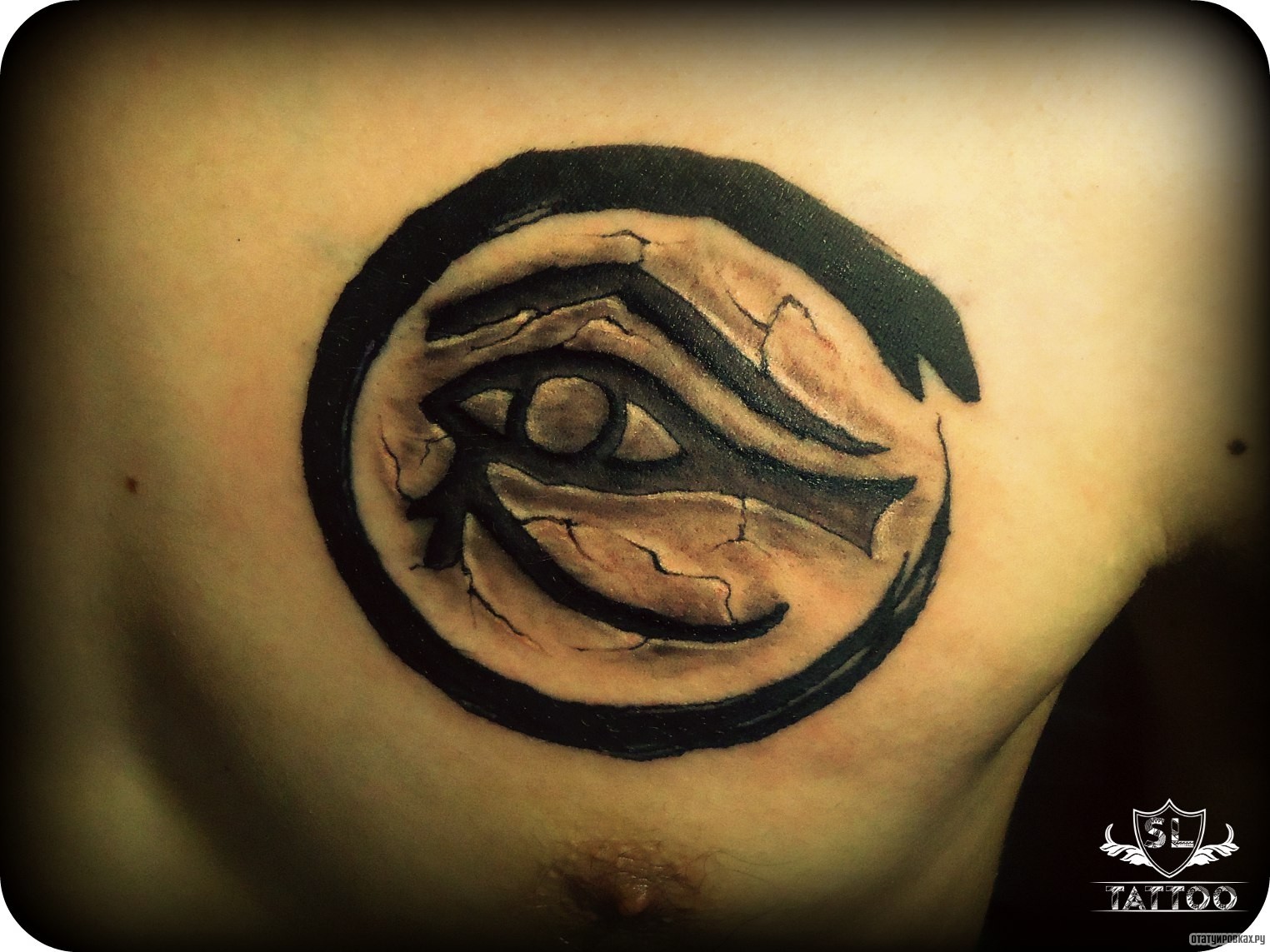 Фотография татуировки под названием «Гора глаз в круге уроборос»