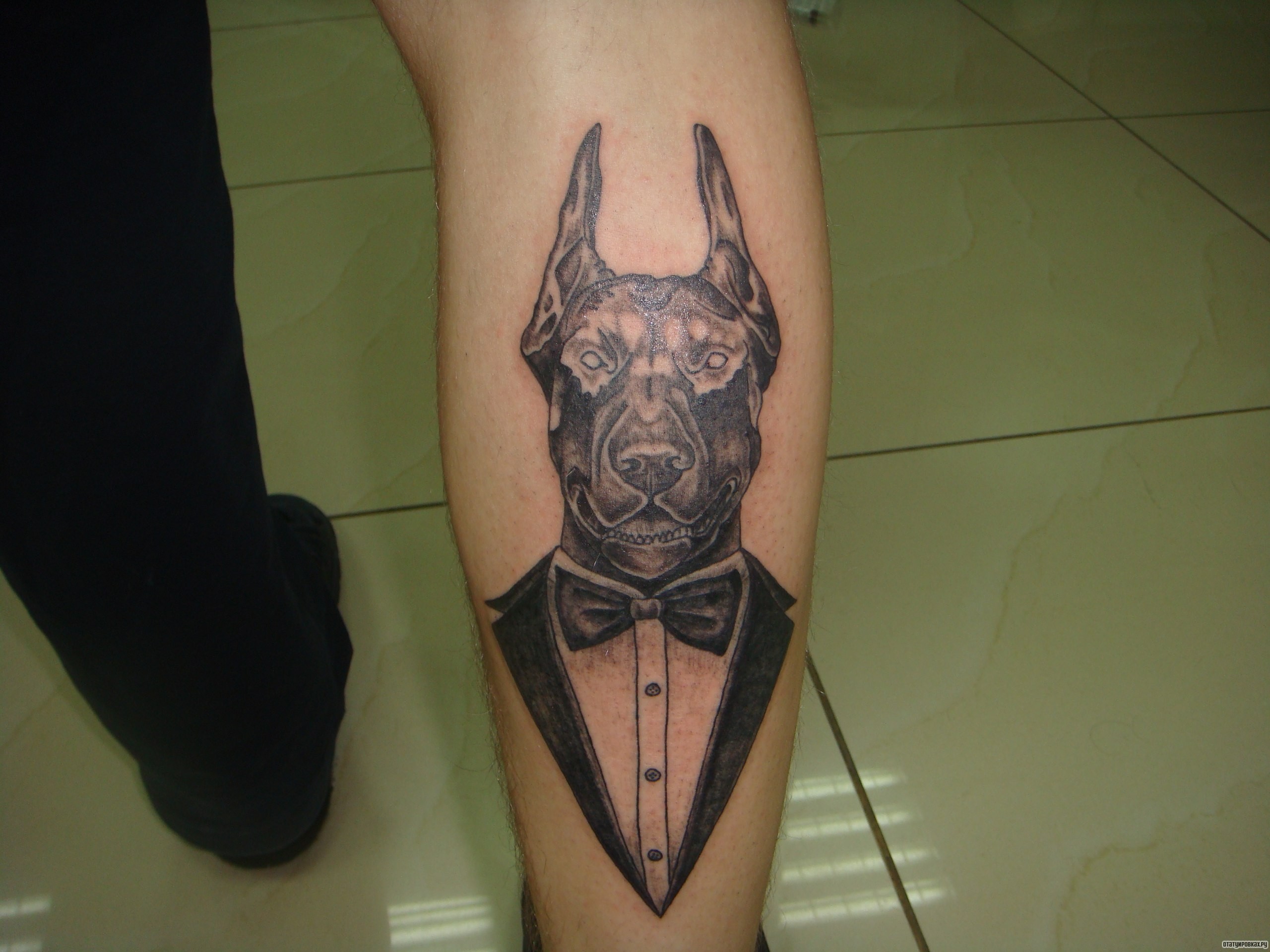 Фотография татуировки под названием «Собака в пиджаке»