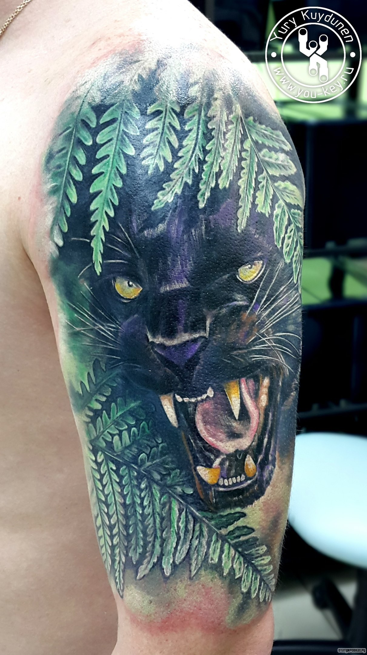Фотография татуировки под названием «Оскал пантеры в папортнике»
