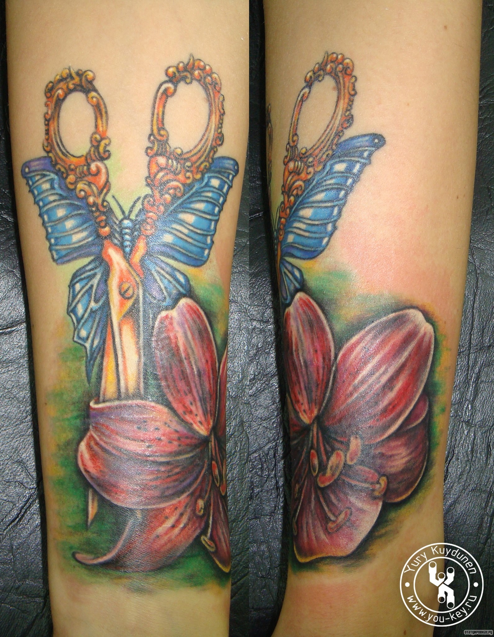 Фотография татуировки под названием «Ножницы с лилией»