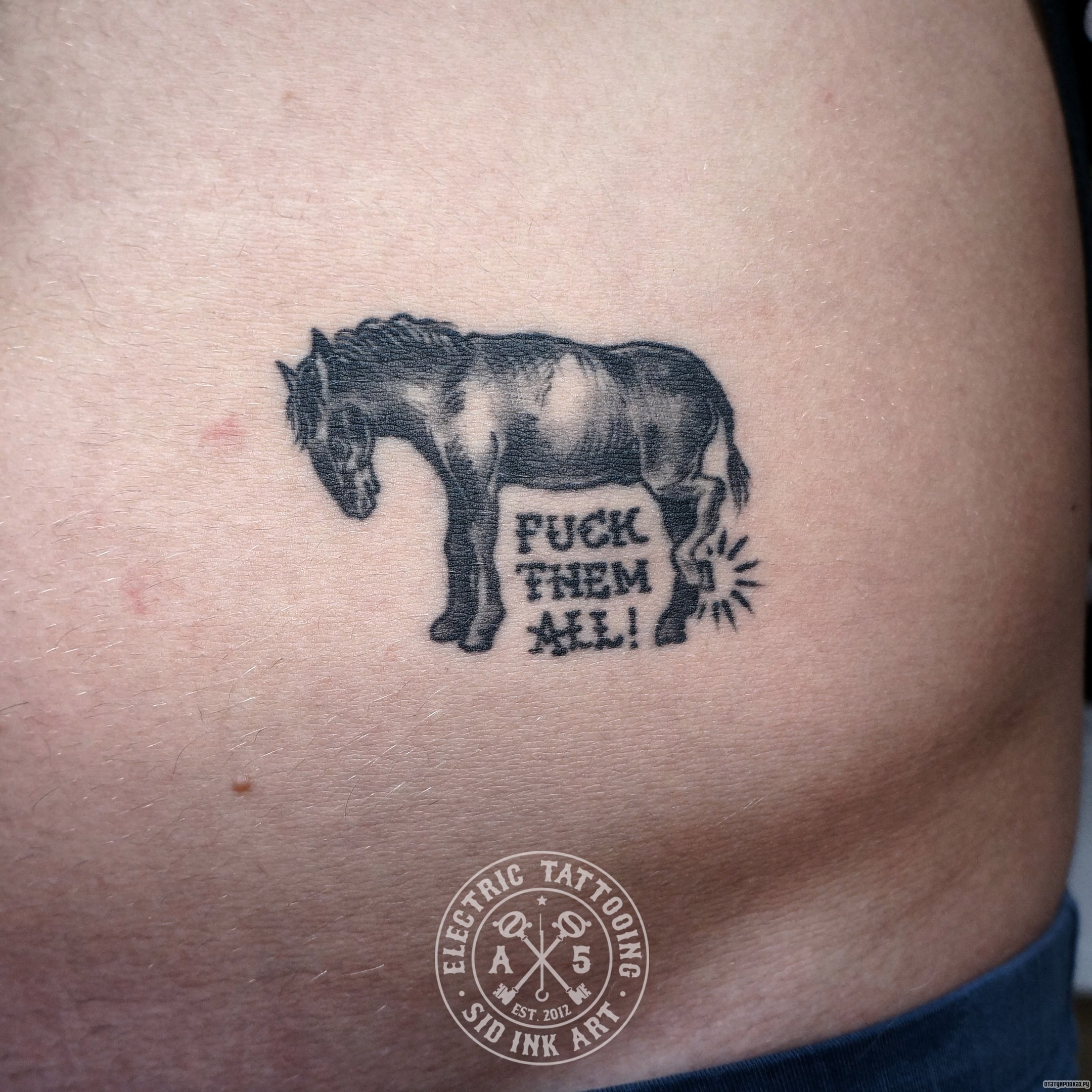 Фотография татуировки под названием «Лошадь fuck them all»