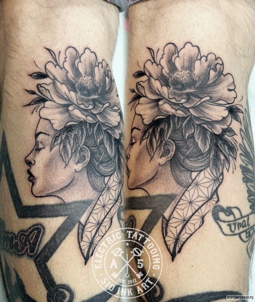 Фотография татуировки под названием «Девушка с цветком на голове»