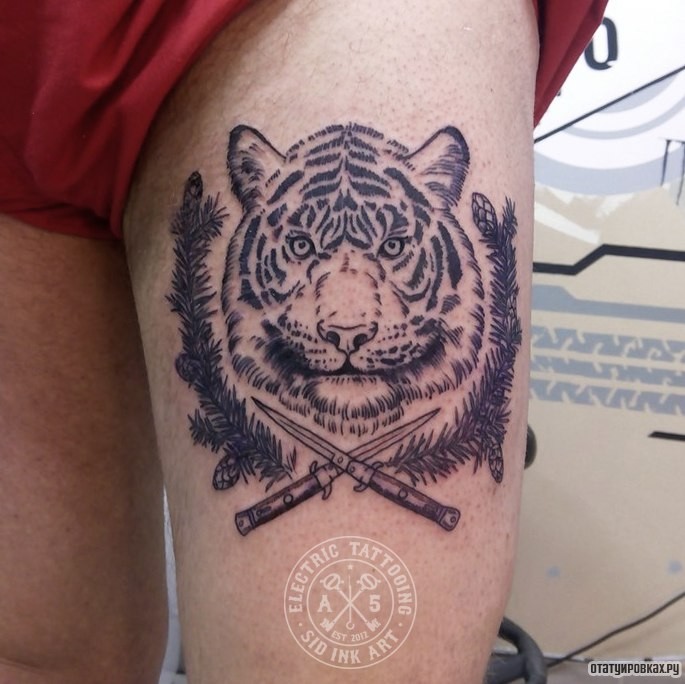 Фотография татуировки под названием «Тигр с кинжалами и еловыми ветками»