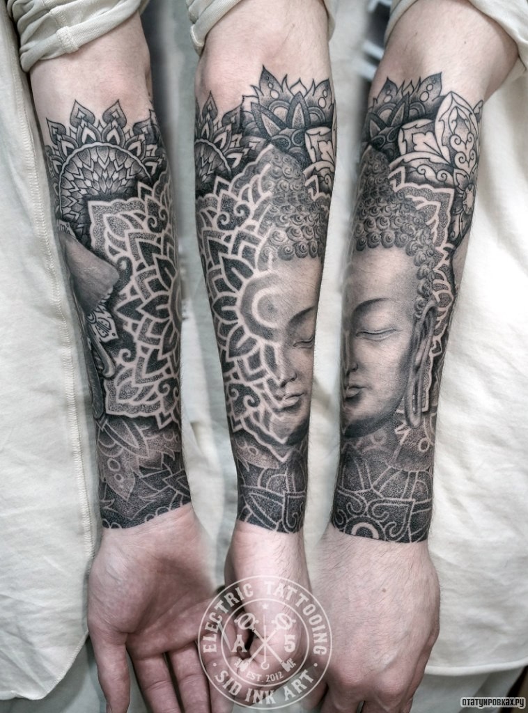 Фотография татуировки под названием «Будда с узорами мандалы»