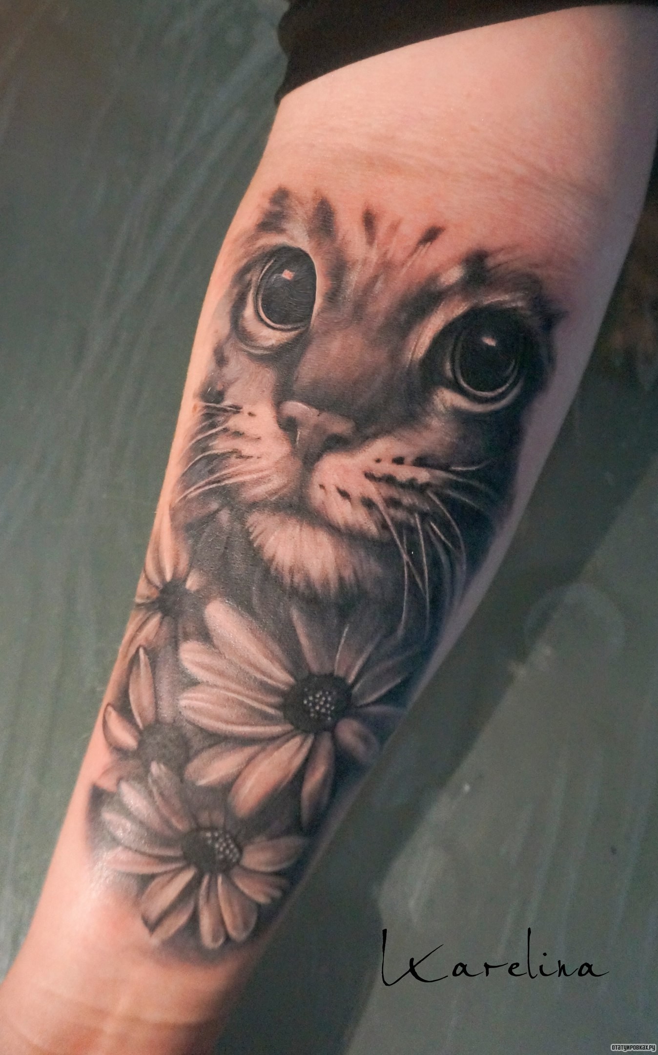 Фотография татуировки под названием «Морда кота с ромашками»