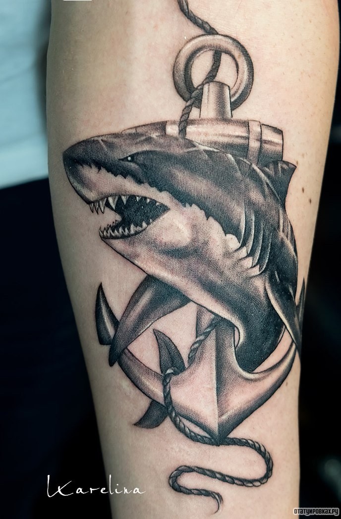 Фотография татуировки под названием «Акула и якорь»