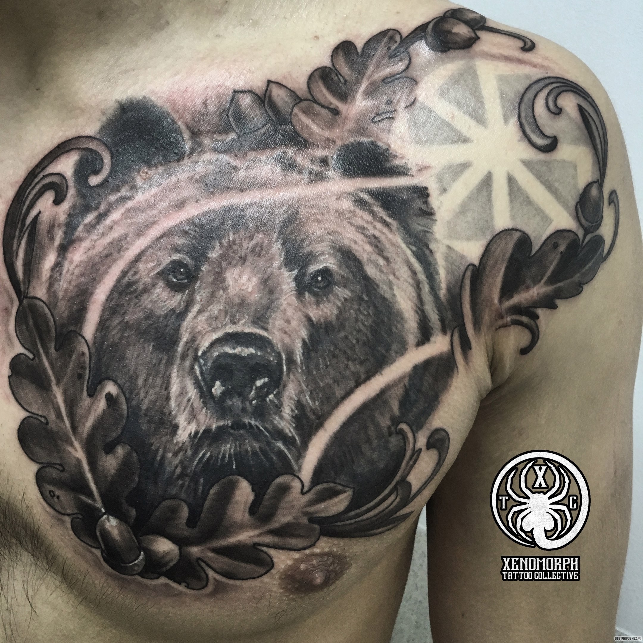 Фотография татуировки под названием «Медведь и листья дуба»