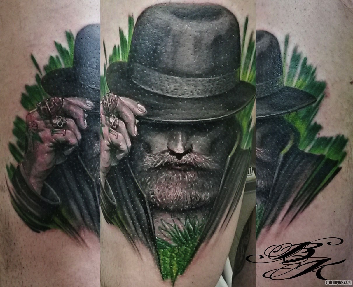 Фотография татуировки под названием «Человек с перстнями в шляпе»
