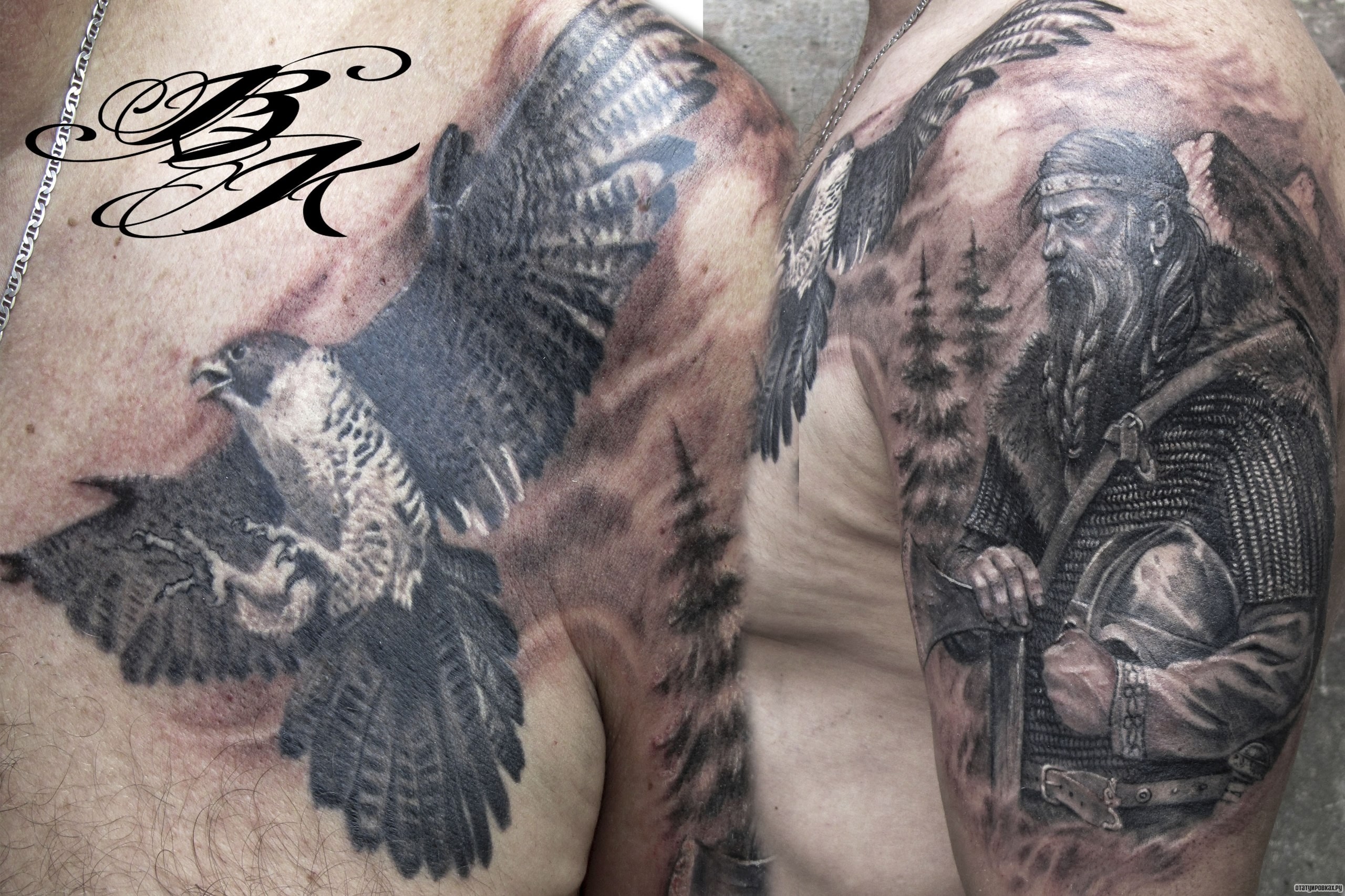 Фотография татуировки под названием «Воин с топором и ястребом»
