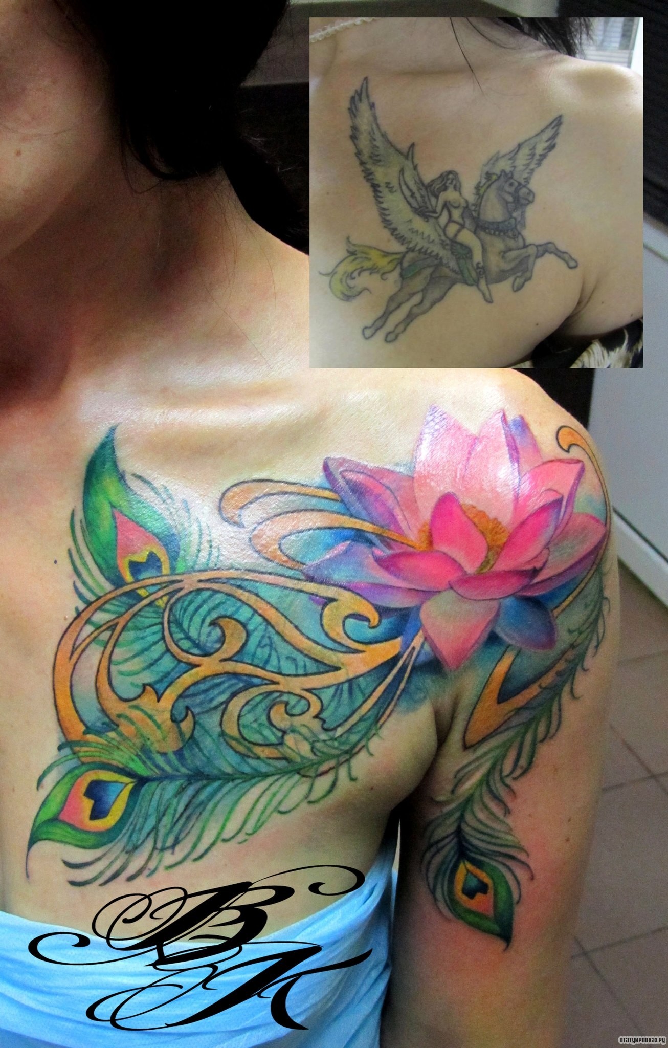 Фотография татуировки под названием «Лотос и перья жар птицы»