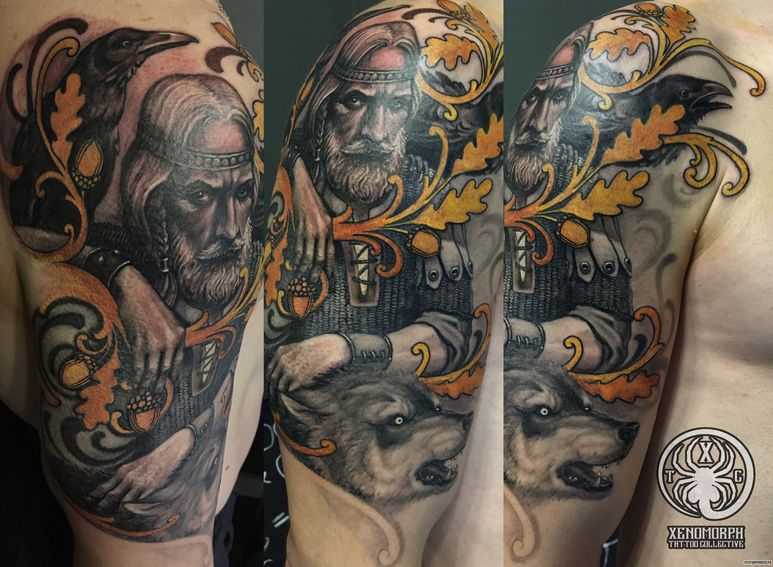 Фотография татуировки под названием «Волк и русский воин»