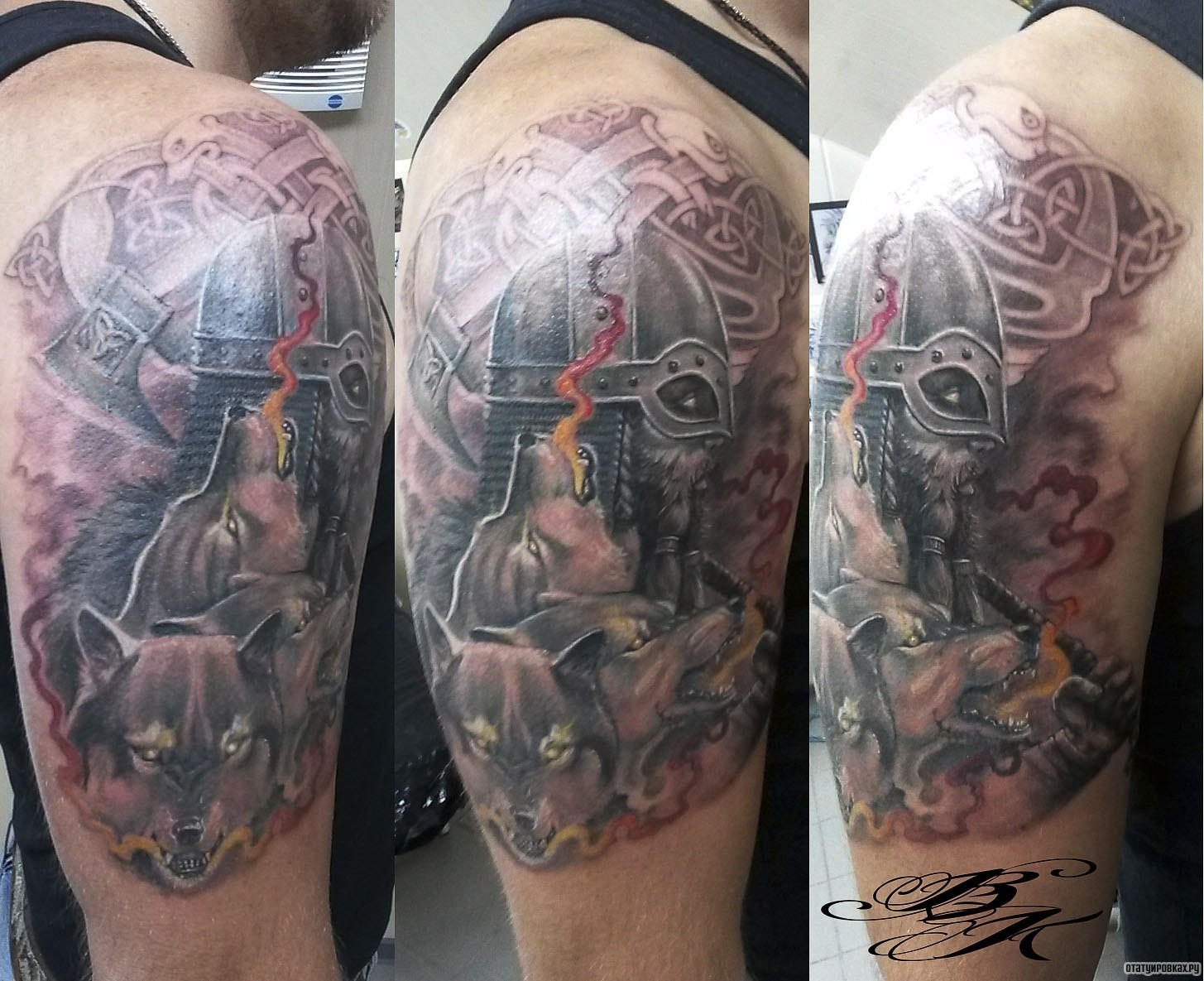 Фотография татуировки под названием «Викинг с волком»