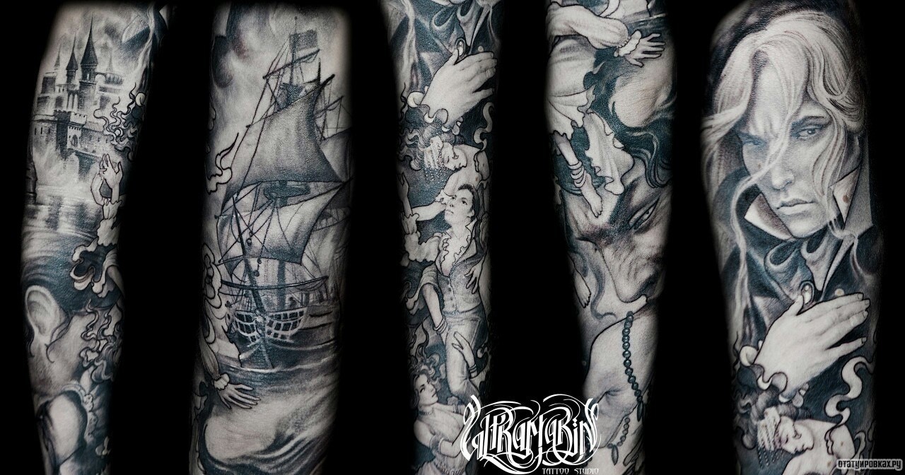 Фотография татуировки под названием «Человек и корабль»