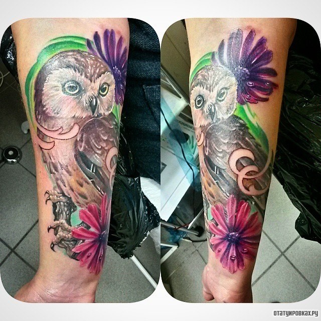 Фотография татуировки под названием «Филин на ветке с цветами»