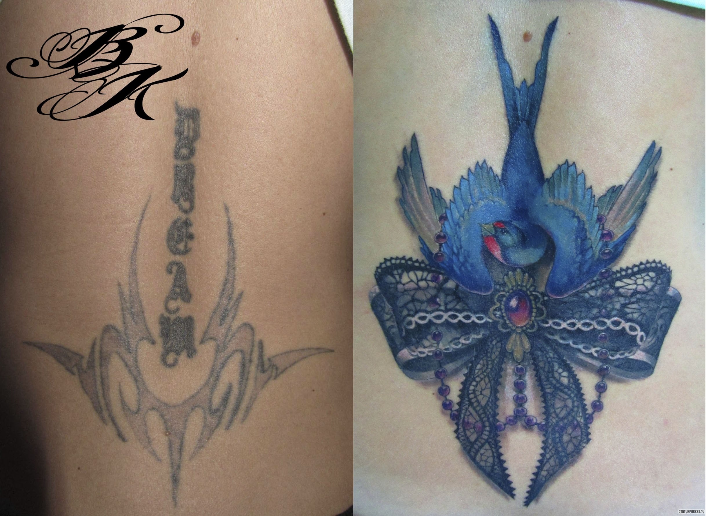 Фотография татуировки под названием «Ласточка и кружевной бантик»