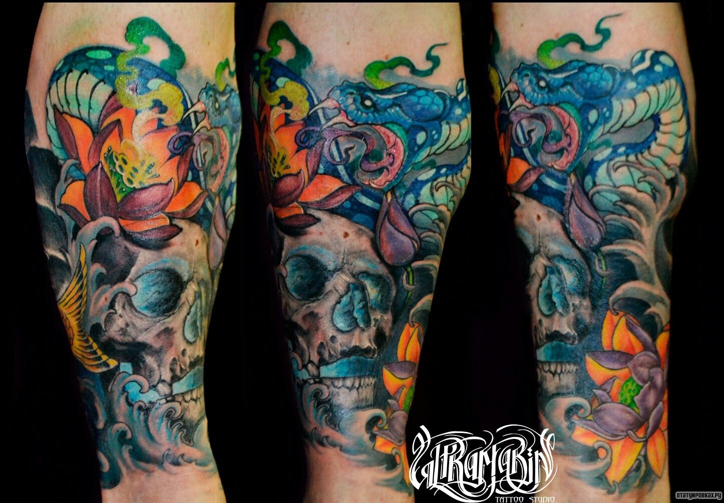 Фотография татуировки под названием «Череп с лотосом в волнах»