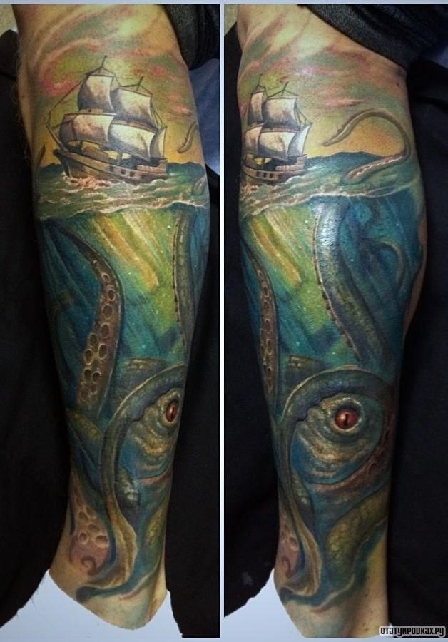 Фотография татуировки под названием «Осьминог и корабль»