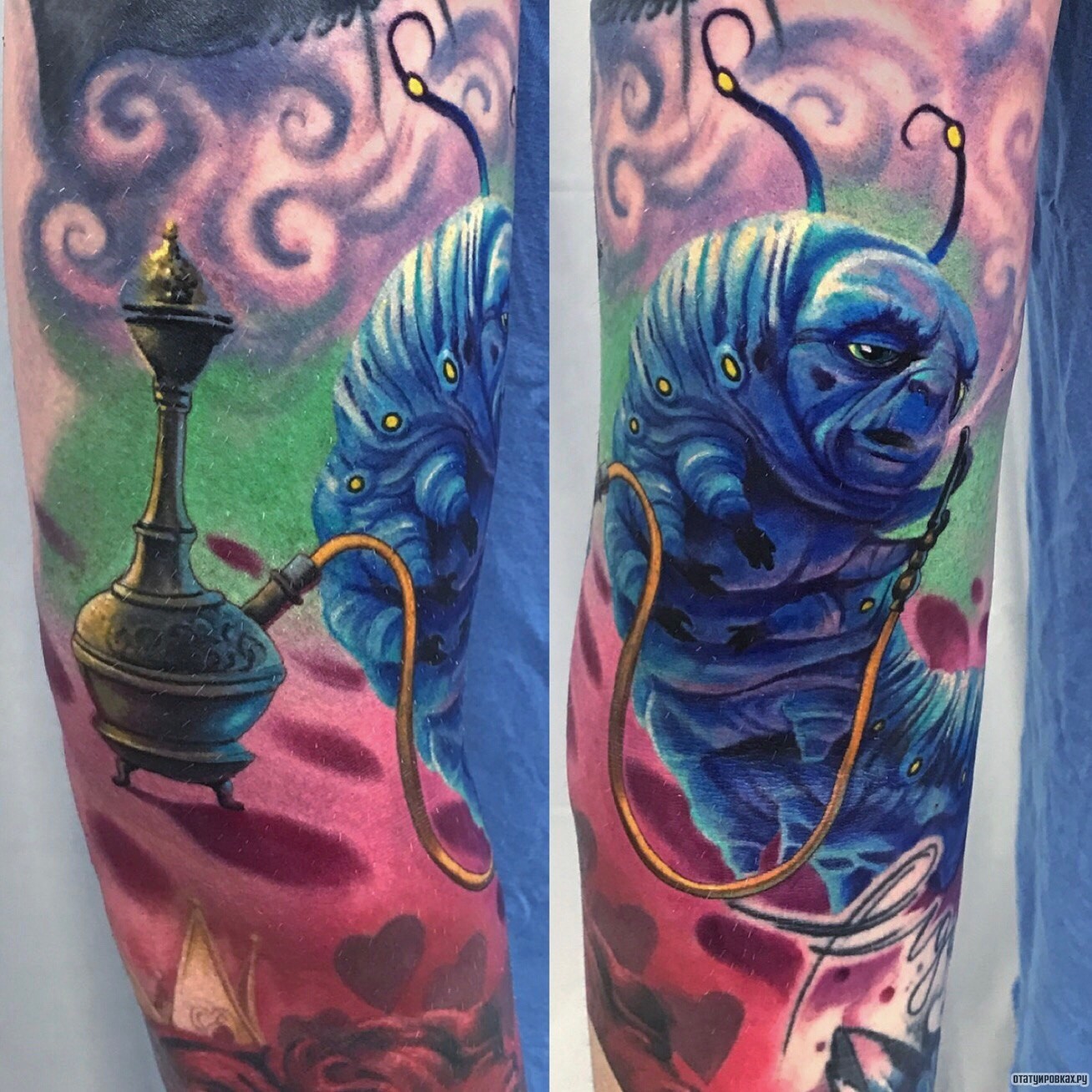 Фотография татуировки под названием «Гусеница и волшебная лампа»