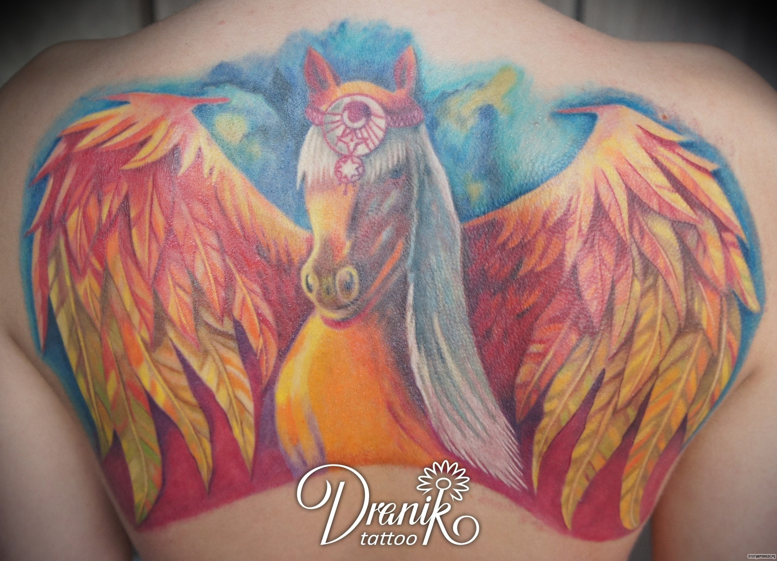 Фотография татуировки под названием «Конь пегас с крыльями жар птицы»