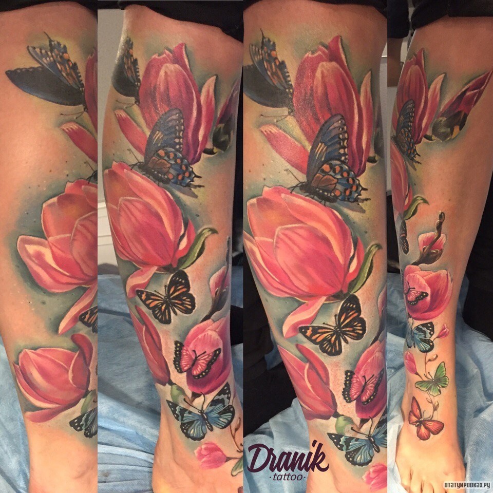 Фотография татуировки под названием «Бабочки и розовые цветы»