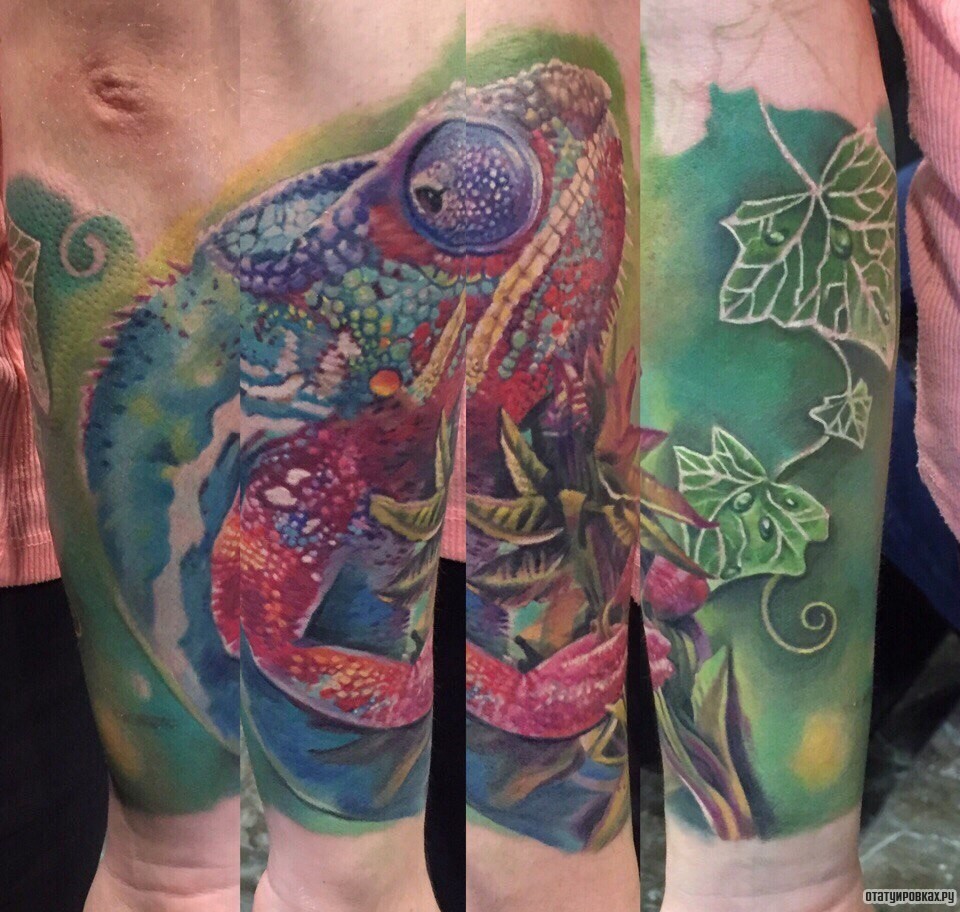 Фотография татуировки под названием «Хамелеон с листьями»