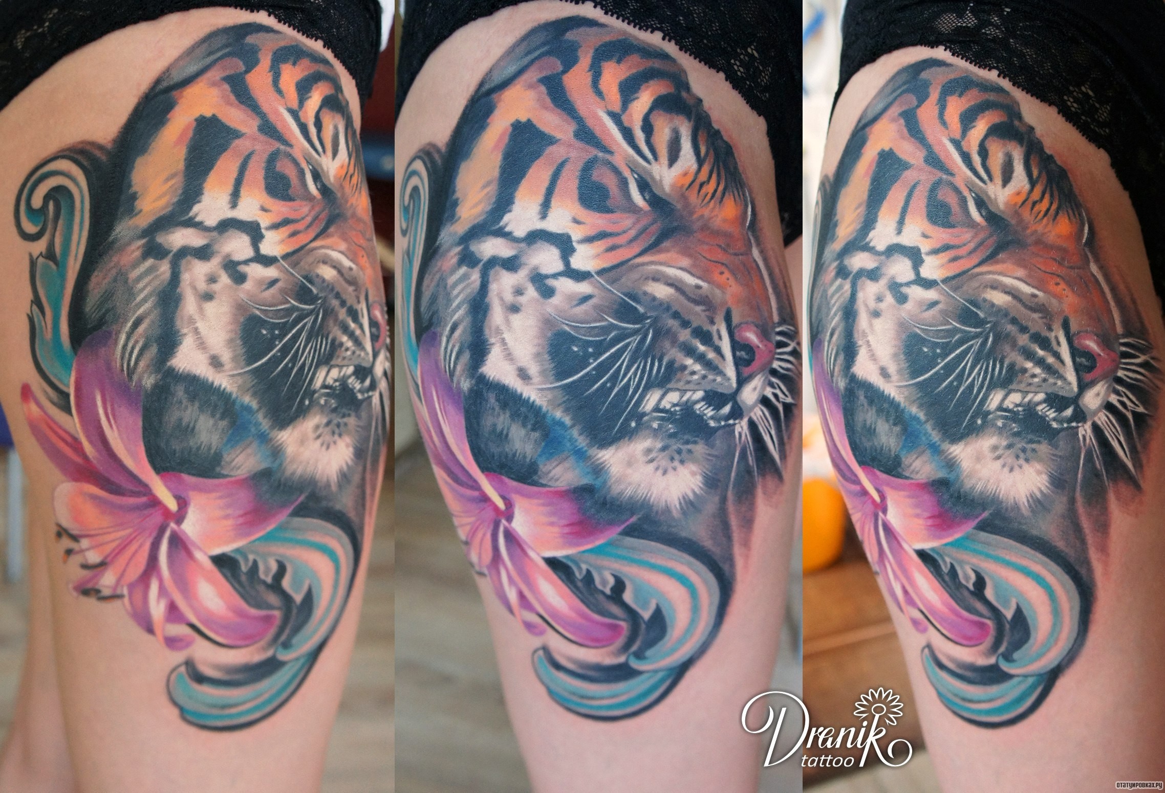 Фотография татуировки под названием «Тигр и лилия»