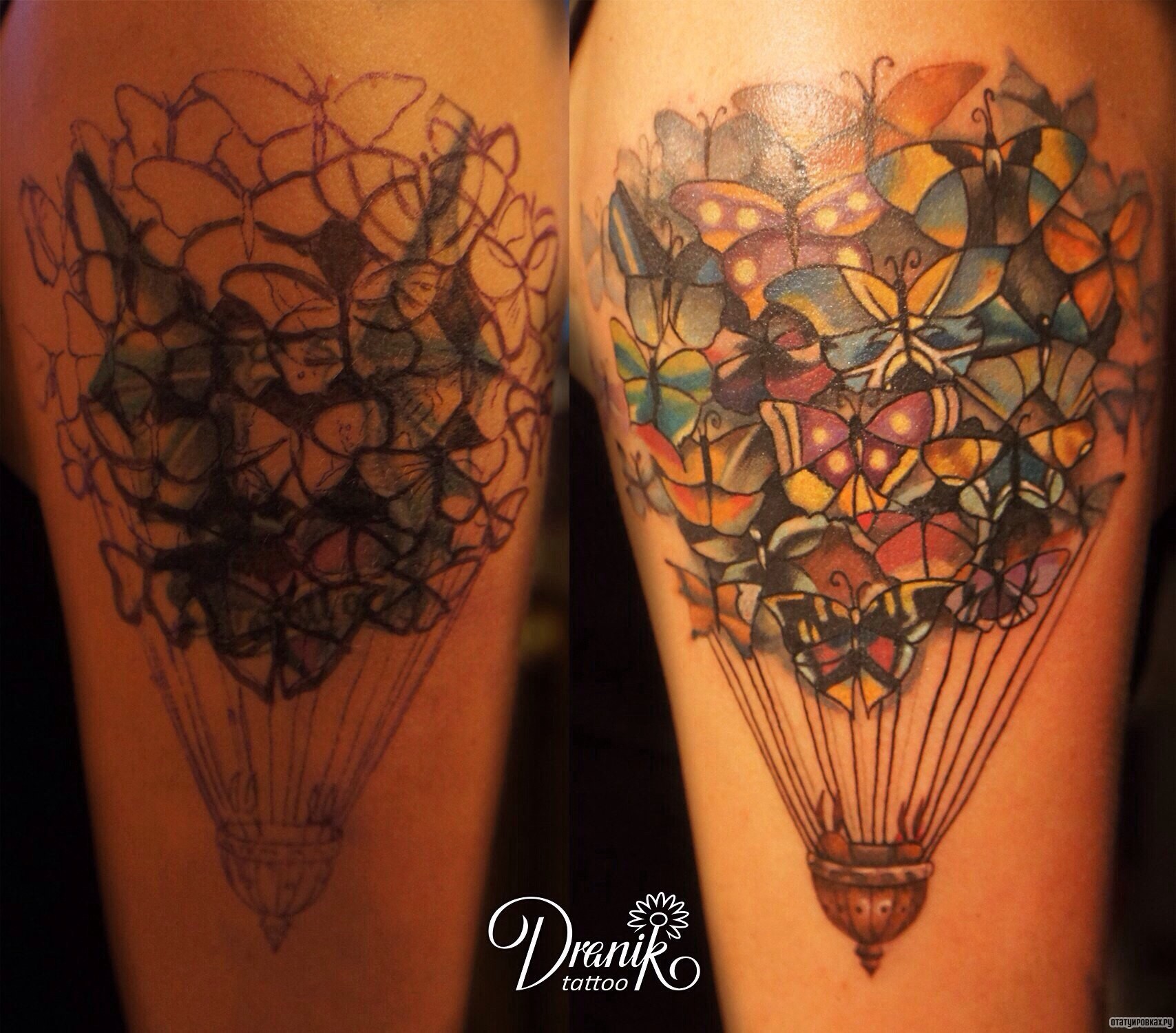 Фотография татуировки под названием «Воздушный шар из бабочек»